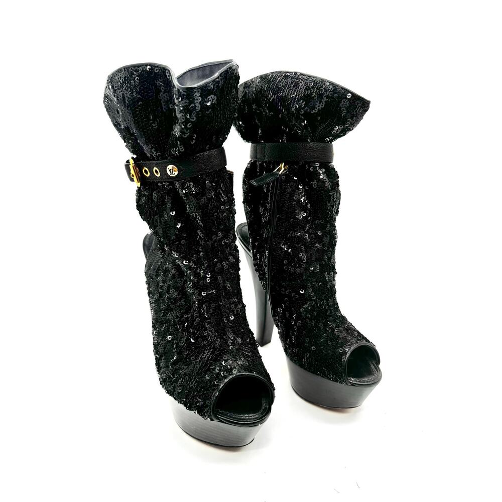 Louis Vuitton 140mm Black Sequin embellish Leather Peep Toe Platform Boots 37 EU